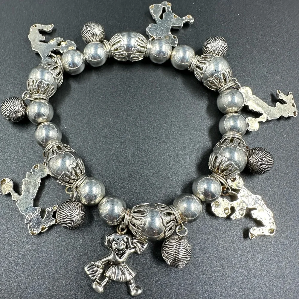 Best Signed Vintage Silver Cheer Leader Ornate Beaded stretch Charm Bracelet